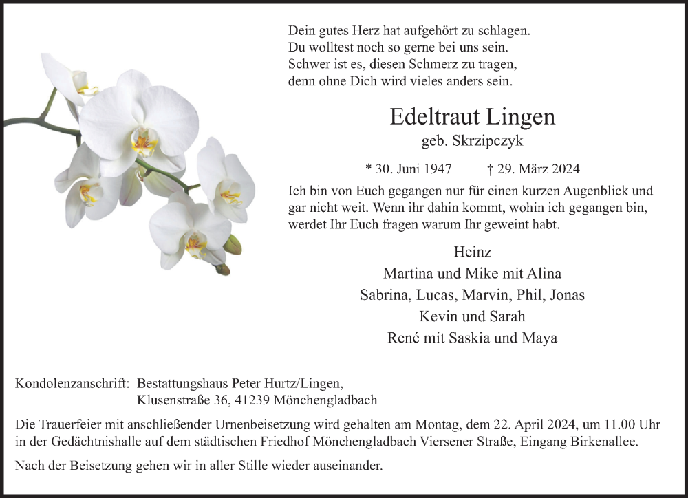  Traueranzeige für Edeltraut Lingen vom 14.04.2024 aus trauer.extra-tipp-moenchengladbach.de