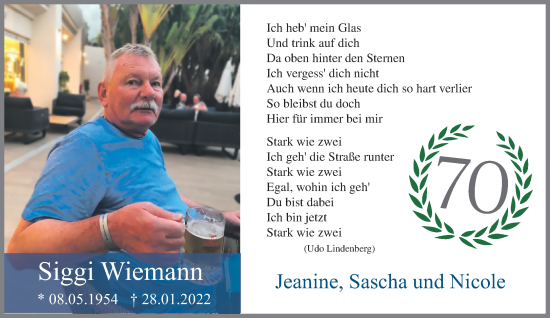 Traueranzeige von Siggi Wiemann von trauer.extra-tipp-moenchengladbach.de