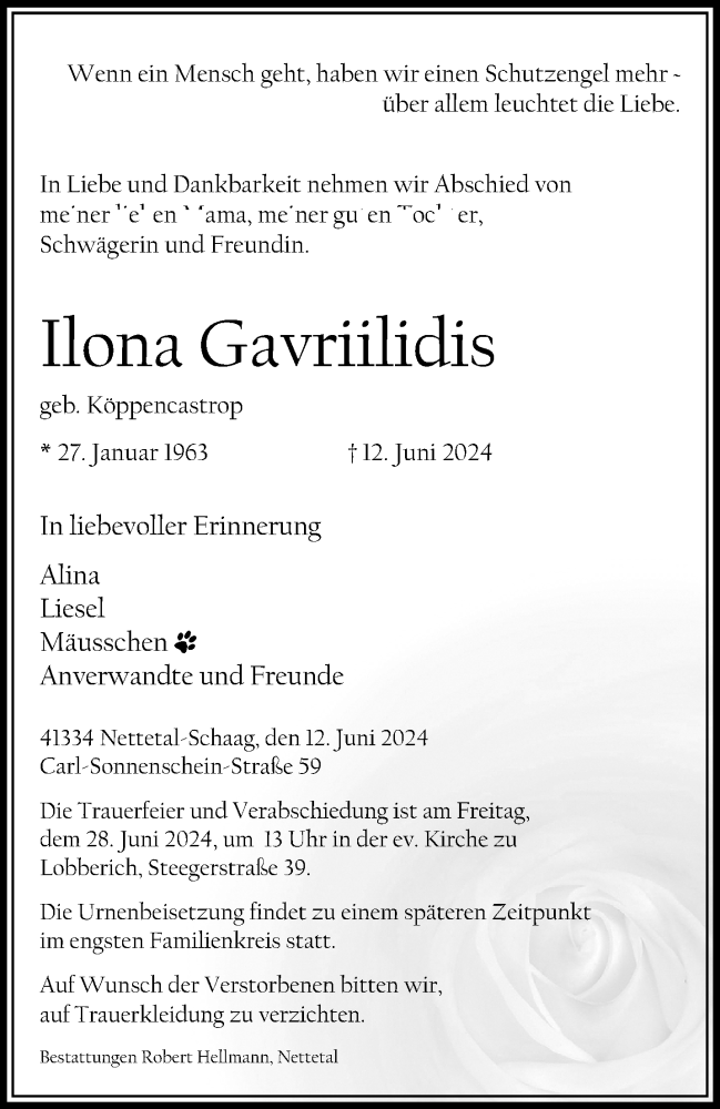  Traueranzeige für Ilona Gavriilidis vom 23.06.2024 aus trauer.extra-tipp-moenchengladbach.de
