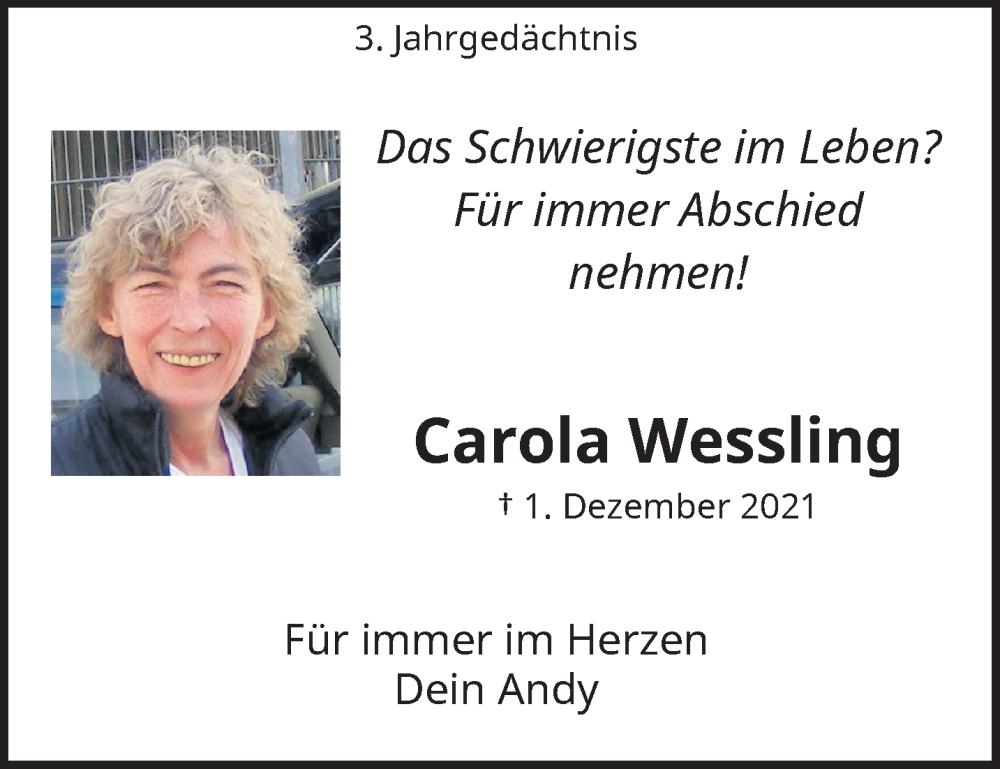  Traueranzeige für Carola Wessling vom 30.11.2024 aus 	trauer.wuppertaler-rundschau.de