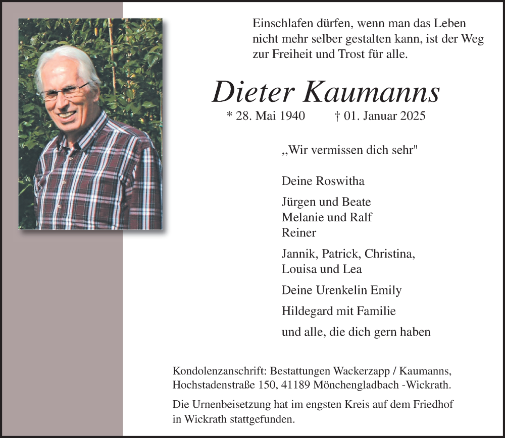  Traueranzeige für Dieter Kaumanns vom 19.01.2025 aus trauer.extra-tipp-moenchengladbach.de