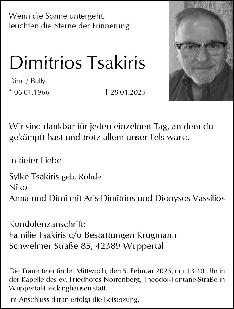  Traueranzeige für Dimitrios Tsakiris vom 01.02.2025 aus trauer.wuppertaler-rundschau.de