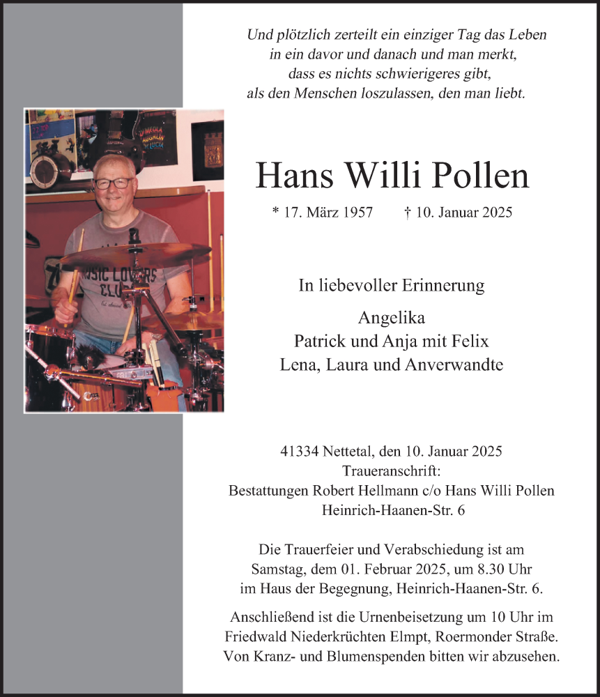  Traueranzeige für Hans Willi Pollen vom 19.01.2025 aus trauer.extra-tipp-moenchengladbach.de
