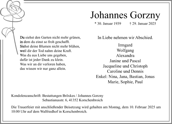 Traueranzeige von Johannes Gorzny von trauer.extra-tipp-moenchengladbach.de