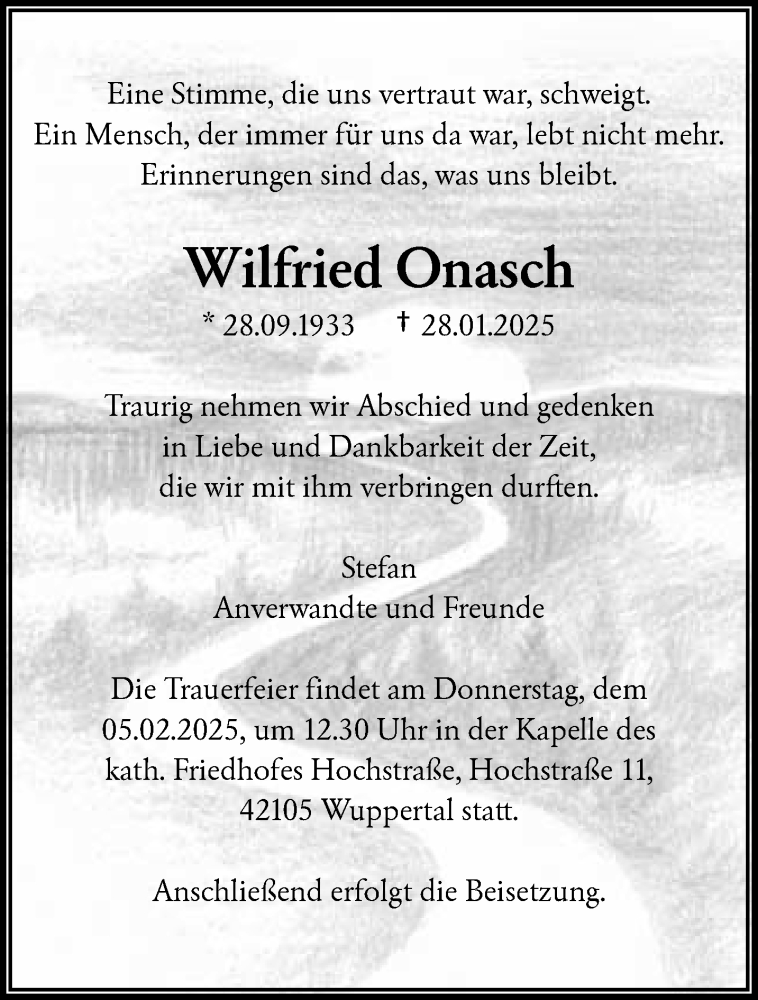  Traueranzeige für Wilfried Onasch vom 01.02.2025 aus trauer.wuppertaler-rundschau.de