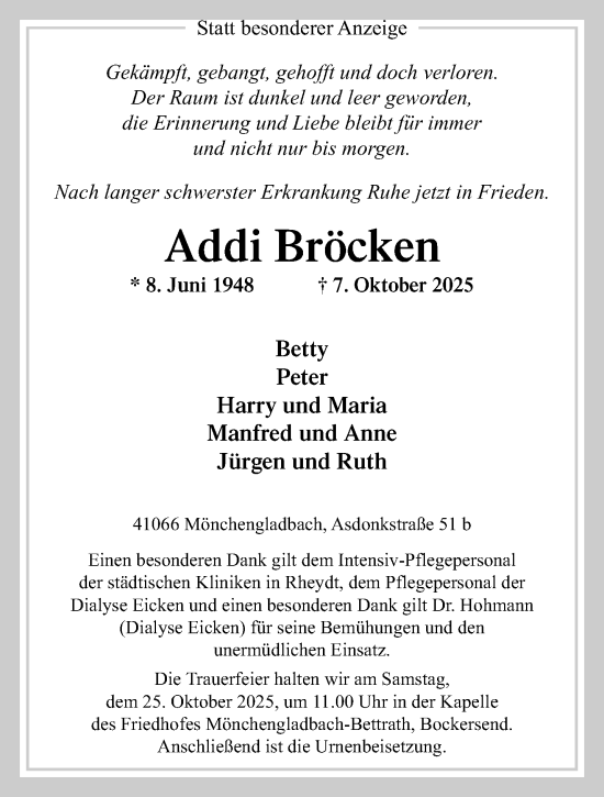 Traueranzeige von Addi Bröcken von trauer.panorama-anzeigenblatt.de