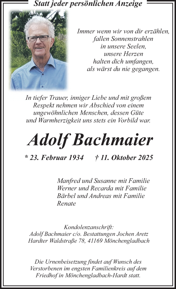  Traueranzeige für Adolf Bachmaier vom 19.10.2025 aus trauer.panorama-anzeigenblatt.de