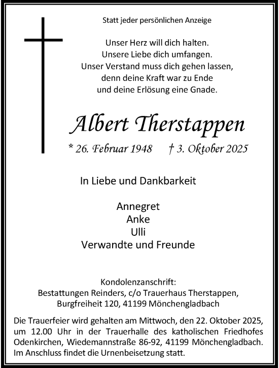 Traueranzeige von Albert Therstappen von trauer.panorama-anzeigenblatt.de