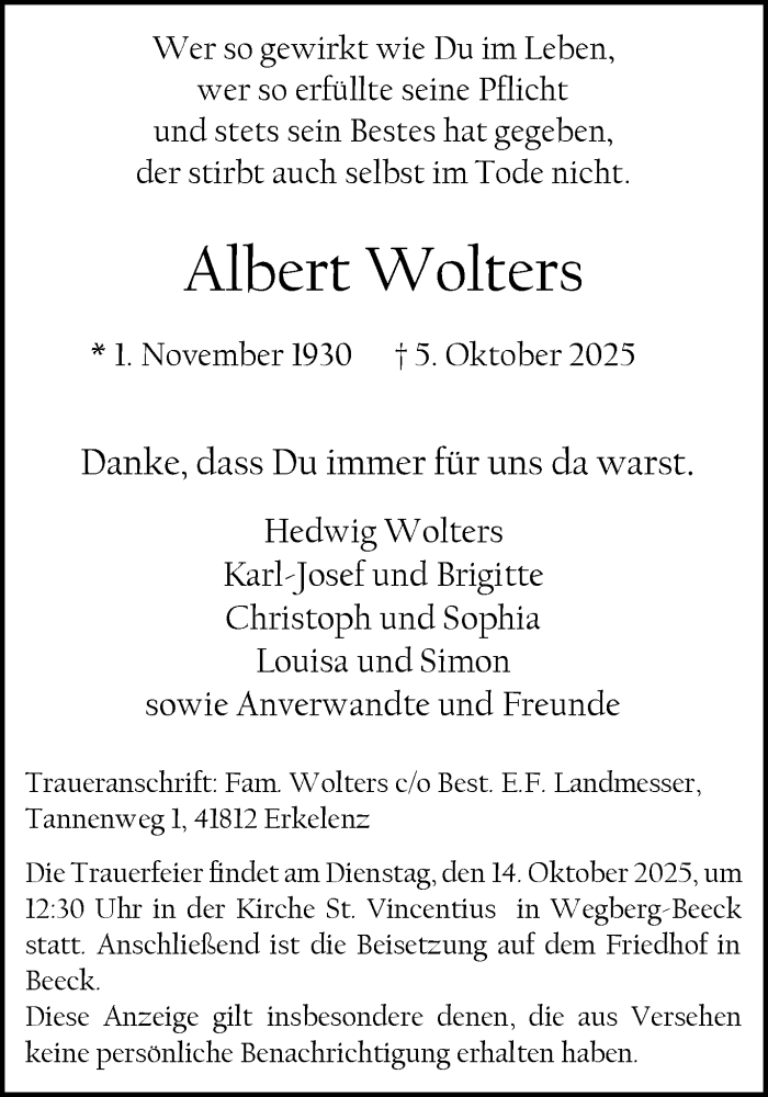  Traueranzeige für Albert Wolters vom 12.10.2025 aus trauer.panorama-anzeigenblatt.de