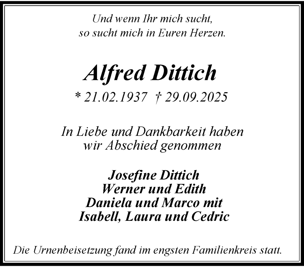  Traueranzeige für Alfred Dittich vom 19.10.2025 aus trauer.panorama-anzeigenblatt.de