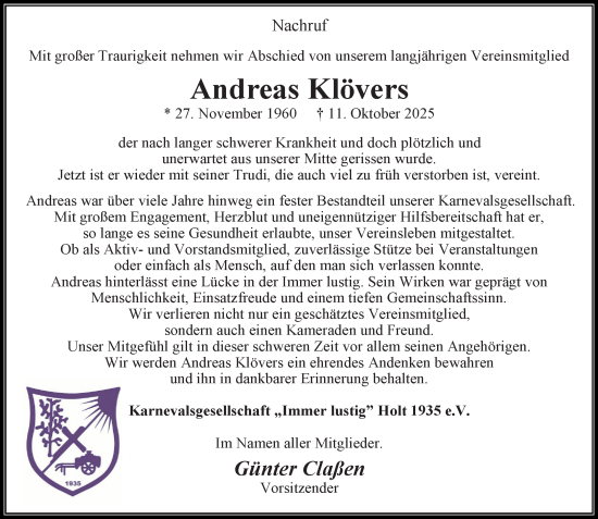 Traueranzeige von Andreas Klövers von trauer.panorama-anzeigenblatt.de