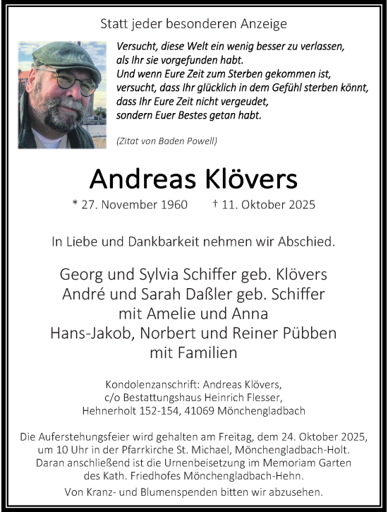 Traueranzeige von Andreas Klövers von trauer.panorama-anzeigenblatt.de