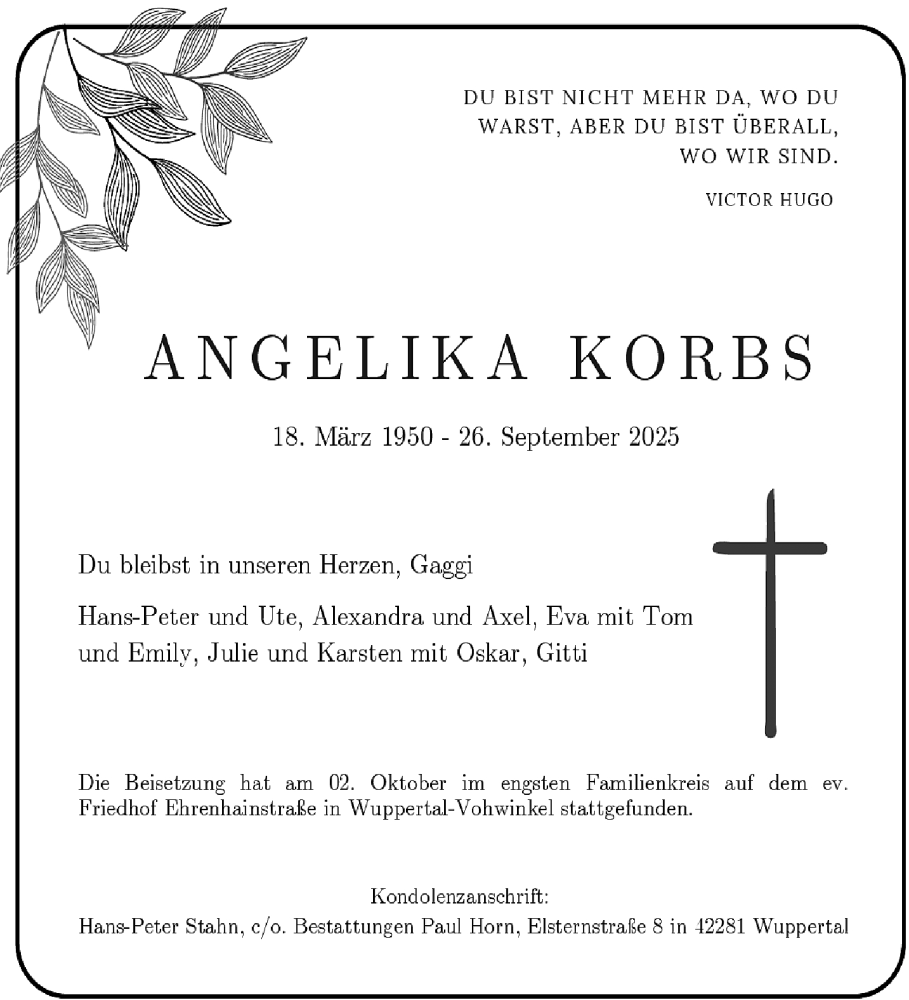  Traueranzeige für Angelika Korbs vom 04.10.2025 aus trauer.wuppertaler-rundschau.de