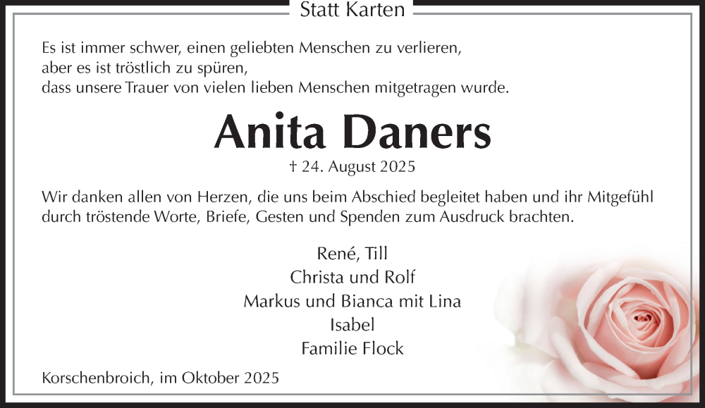  Traueranzeige für Anita Daners vom 12.10.2025 aus trauer.panorama-anzeigenblatt.de
