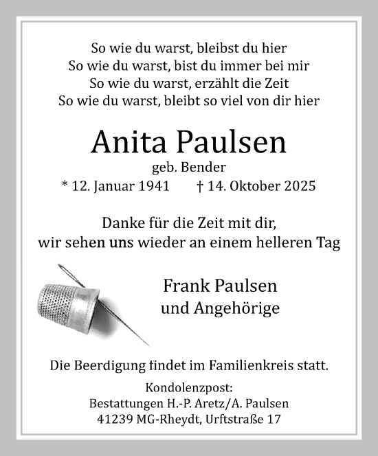 Traueranzeige von Anita Paulsen von trauer.panorama-anzeigenblatt.de