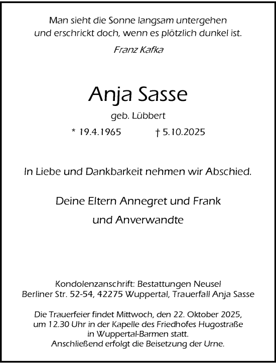 Traueranzeige von Anja Sasse von trauer.wuppertaler-rundschau.de