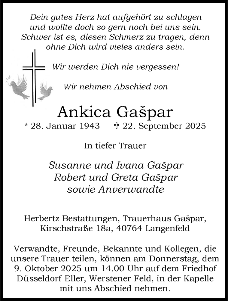  Traueranzeige für Ankica Gaspar vom 03.10.2025 aus trauer.panorama-anzeigenblatt.de