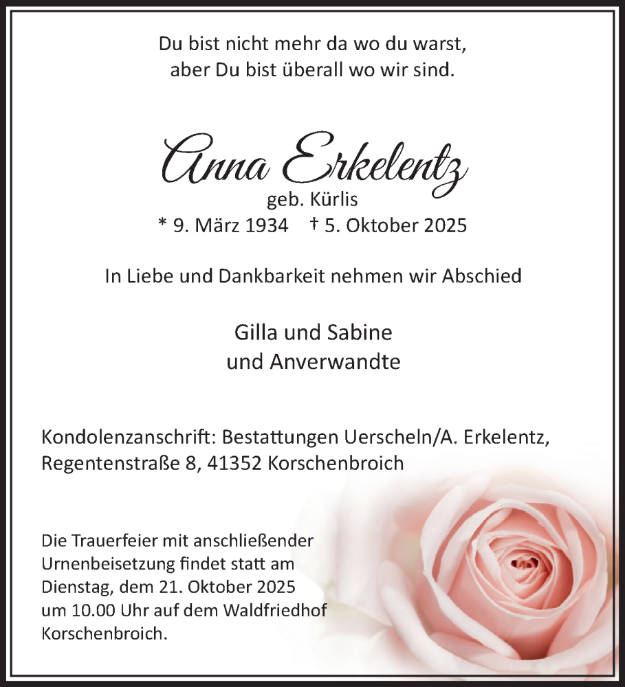  Traueranzeige für Anna Erkelentz vom 12.10.2025 aus trauer.panorama-anzeigenblatt.de