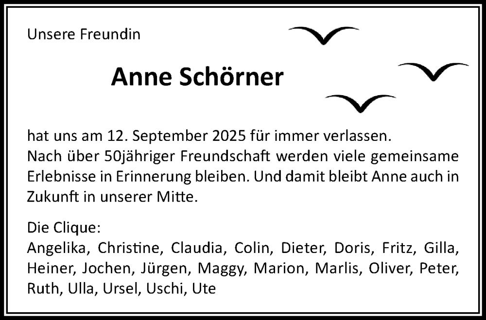  Traueranzeige für Anne Schörner vom 05.10.2025 aus trauer.panorama-anzeigenblatt.de
