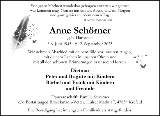 Traueranzeige von Anne Schörner von trauer.panorama-anzeigenblatt.de