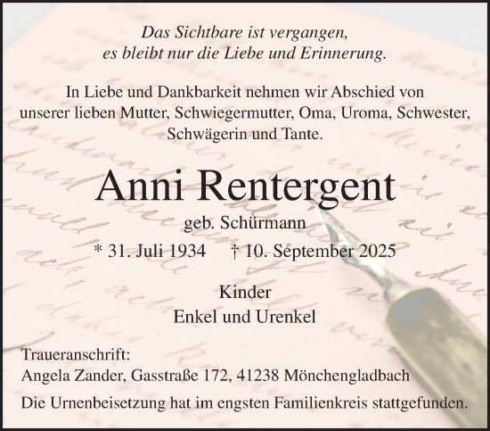 Traueranzeige von Anni Rentergent von trauer.panorama-anzeigenblatt.de