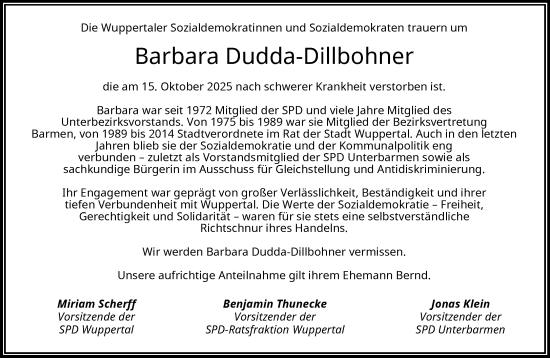 Traueranzeige von Barbara Dudda-Dillbohner von trauer.wuppertaler-rundschau.de