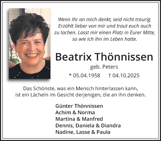 Traueranzeige von Beatrix Thönnissen von trauer.panorama-anzeigenblatt.de