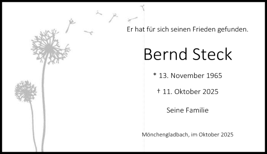 Traueranzeige von Bernd Steck von trauer.panorama-anzeigenblatt.de
