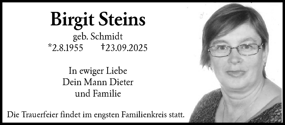  Traueranzeige für Birgit Steins vom 11.10.2025 aus trauer.wuppertaler-rundschau.de