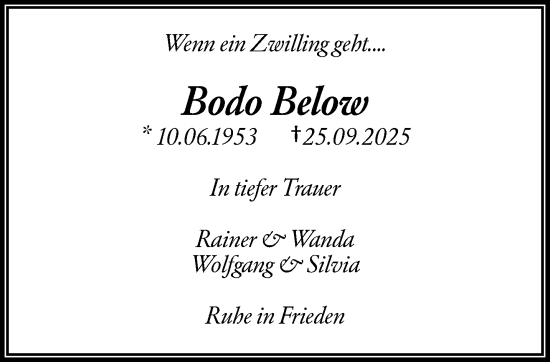 Traueranzeige von Bodo Below von trauer.wuppertaler-rundschau.de