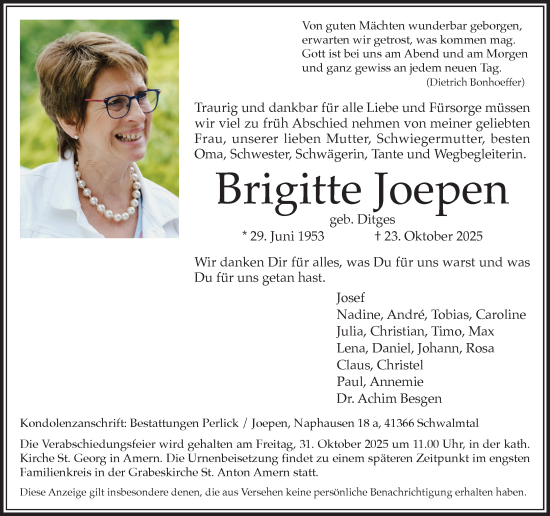 Traueranzeige von Brigitte Joepen von trauer.panorama-anzeigenblatt.de