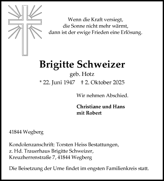 Traueranzeige von Brigitte Schweizer von trauer.panorama-anzeigenblatt.de