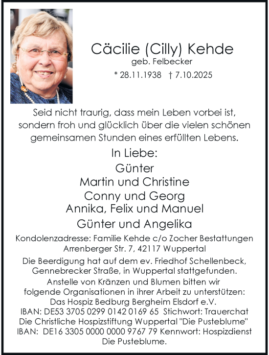 Traueranzeige von Cäcilie Kehde von trauer.wuppertaler-rundschau.de