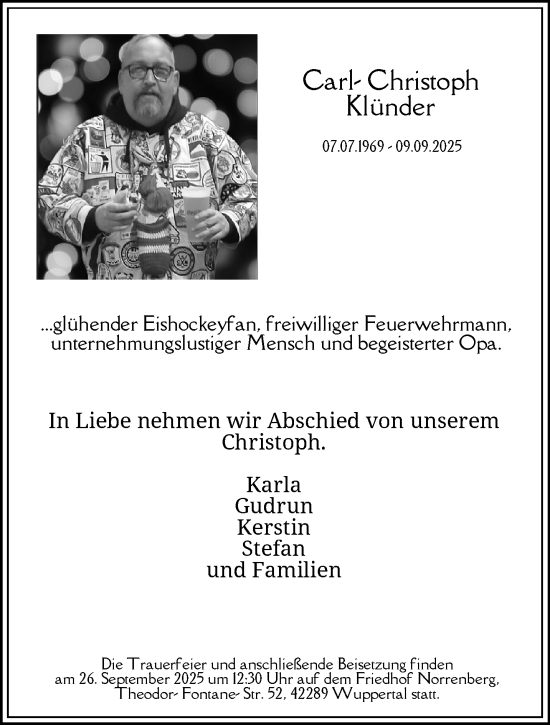 Traueranzeige von Carl-Christoph Klünder von trauer.wuppertaler-rundschau.de