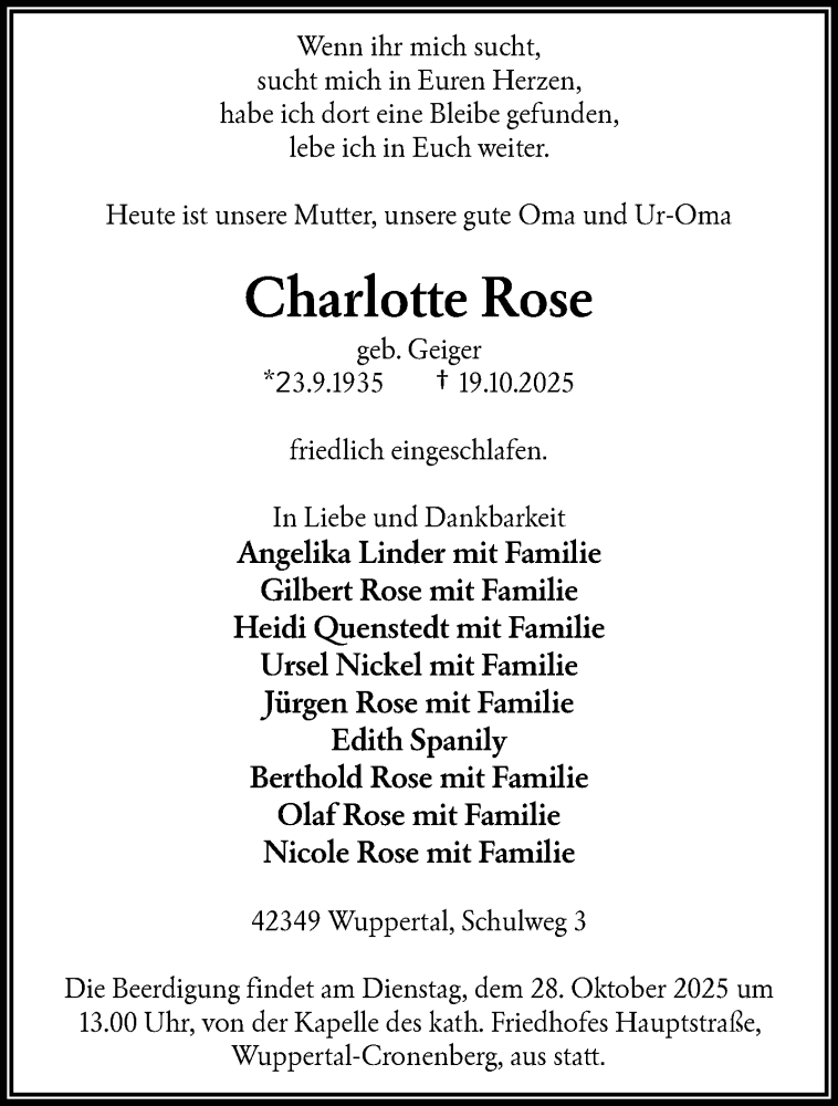  Traueranzeige für Charlotte Rose vom 01.11.2025 aus trauer.wuppertaler-rundschau.de