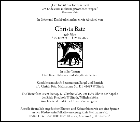 Traueranzeige von Christa Batz von trauer.wuppertaler-rundschau.de