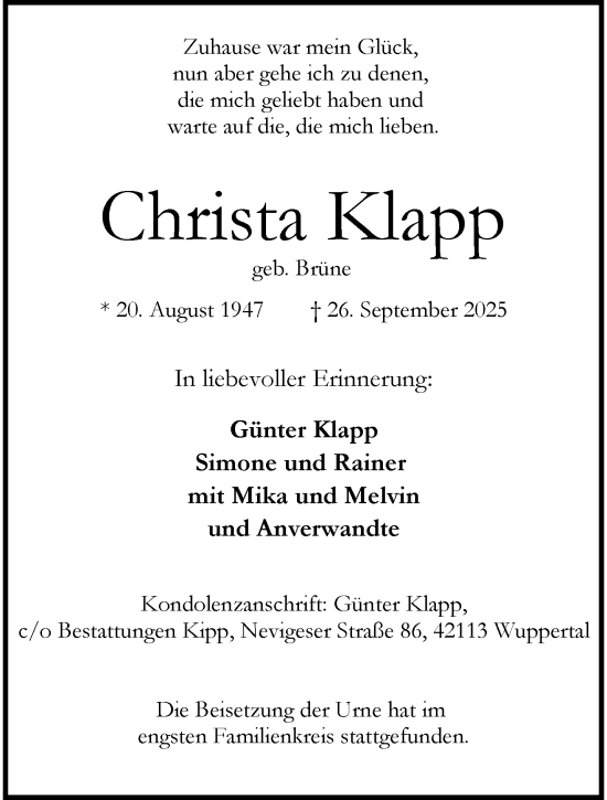 Traueranzeige von Christa Klapp von trauer.wuppertaler-rundschau.de