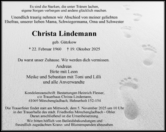 Traueranzeige von Christa Lindemann von trauer.panorama-anzeigenblatt.de
