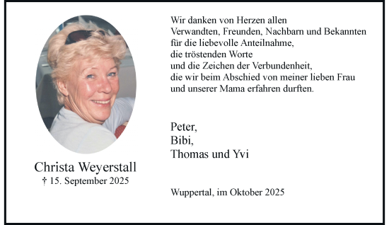 Traueranzeige von Christa Weyerstall von trauer.wuppertaler-rundschau.de