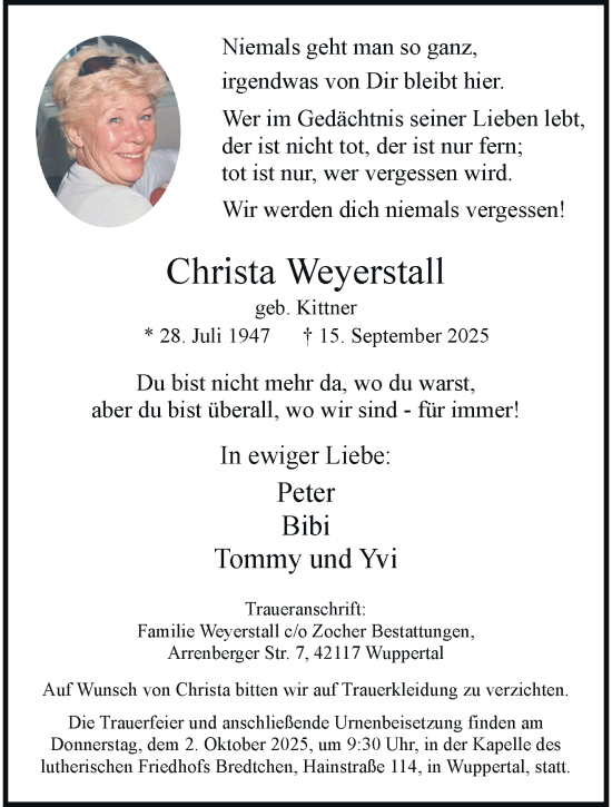 Traueranzeige von Christa Weyerstall von trauer.wuppertaler-rundschau.de