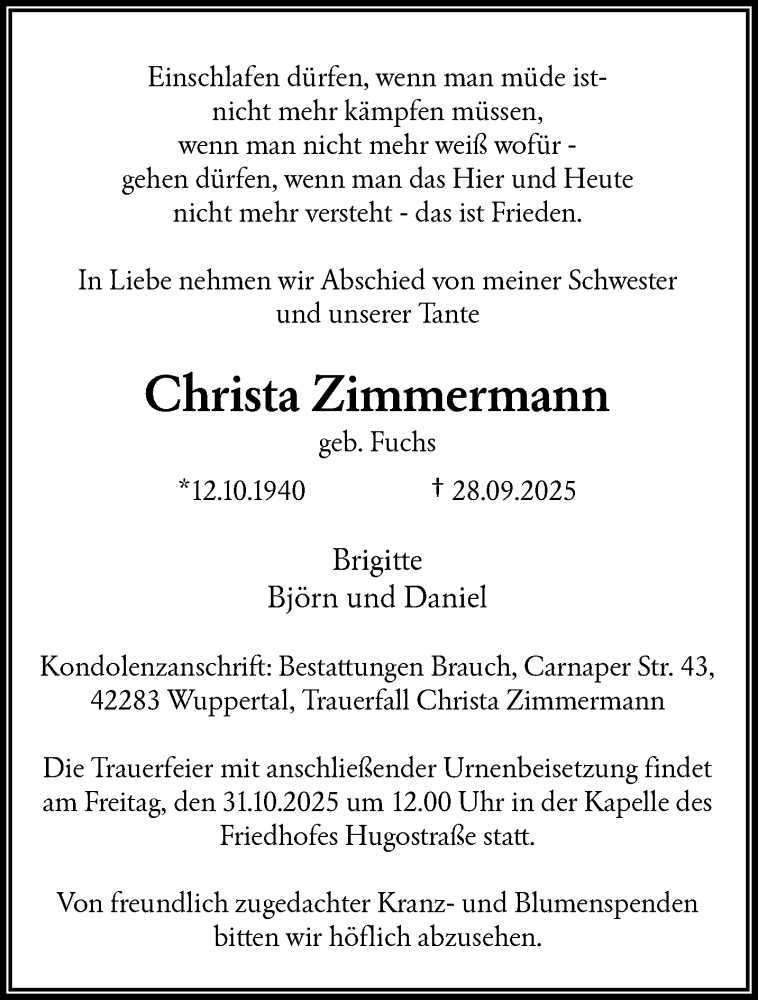  Traueranzeige für Christa Zimmermann vom 18.10.2025 aus trauer.wuppertaler-rundschau.de