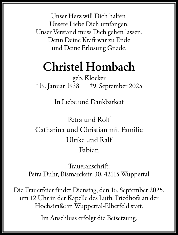  Traueranzeige für Christel Hombach vom 13.09.2025 aus trauer.wuppertaler-rundschau.de