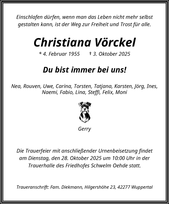Traueranzeige von Christiana Vörckel von trauer.wuppertaler-rundschau.de