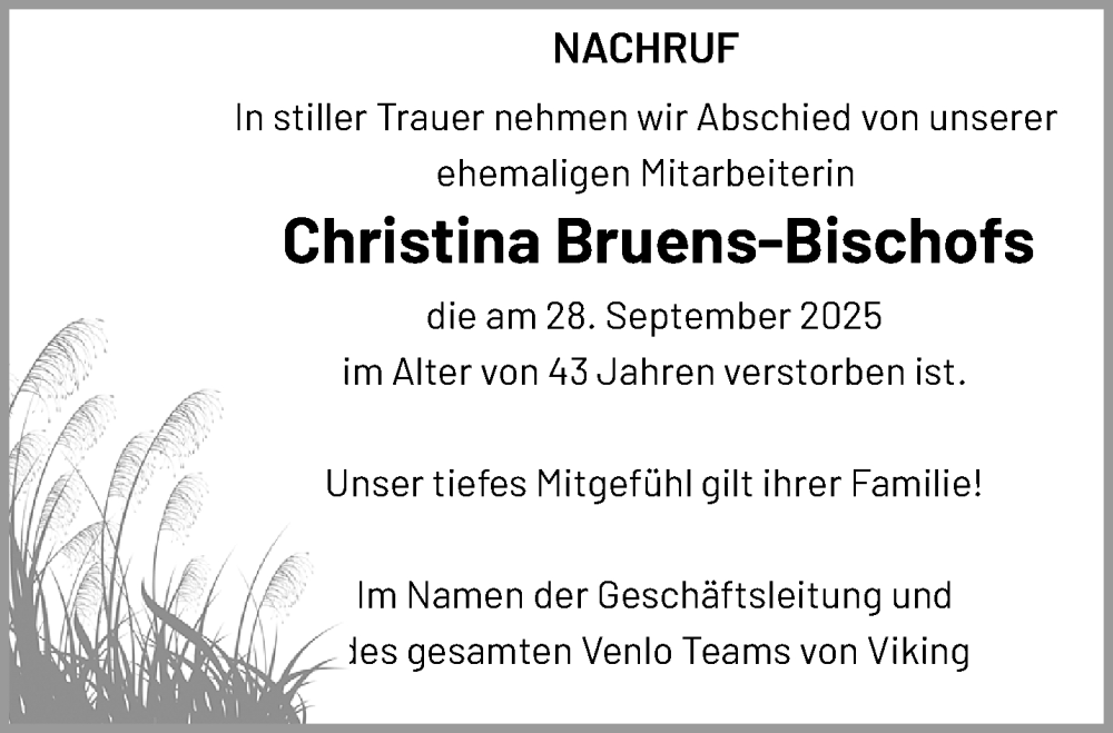  Traueranzeige für Christina Bruens-Bischofs vom 12.10.2025 aus trauer.panorama-anzeigenblatt.de