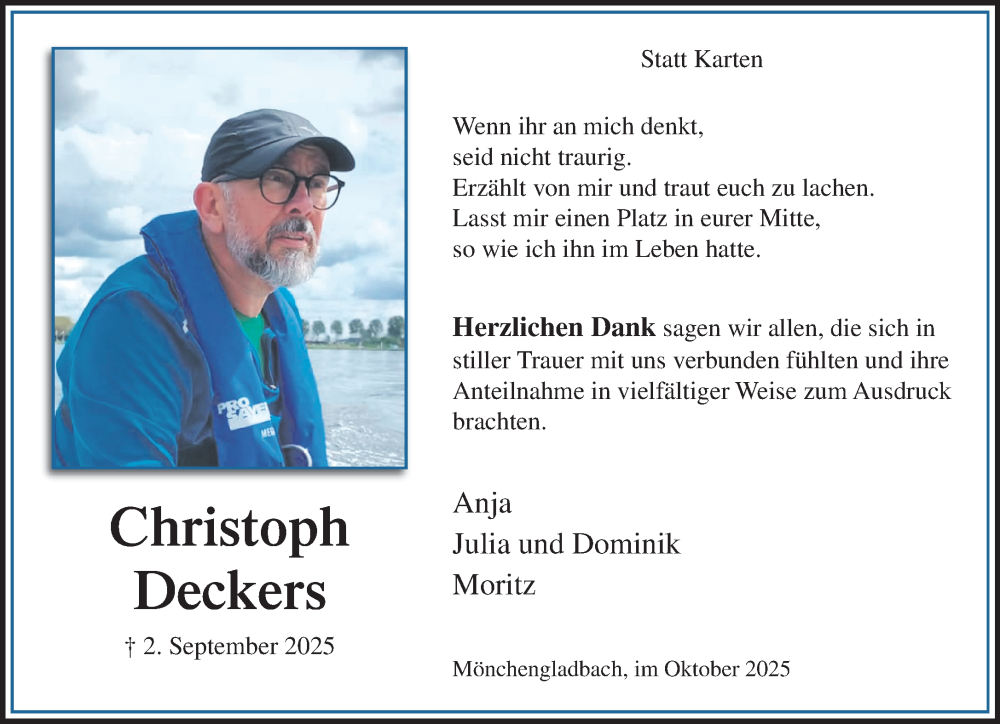  Traueranzeige für Christoph Deckers vom 12.10.2025 aus trauer.panorama-anzeigenblatt.de