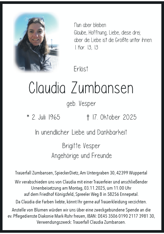Traueranzeige von Claudia Zumbansen von trauer.wuppertaler-rundschau.de