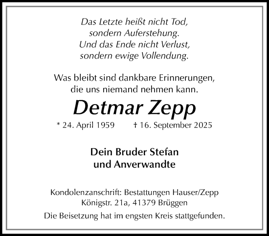 Traueranzeige von Detmar Zepp von trauer.panorama-anzeigenblatt.de