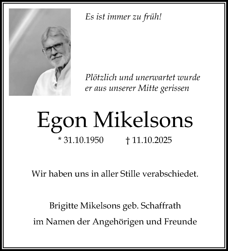  Traueranzeige für Egon Mikelsons vom 26.10.2025 aus trauer.panorama-anzeigenblatt.de