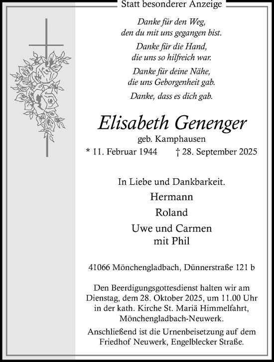 Traueranzeige von Elisabeth Genenger von trauer.panorama-anzeigenblatt.de