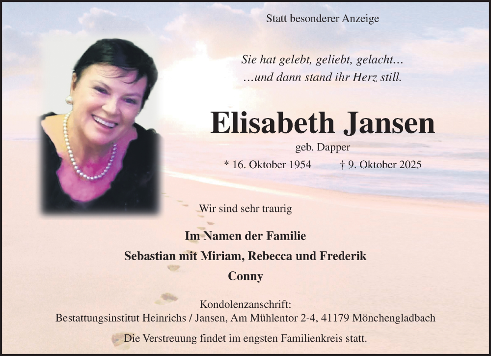  Traueranzeige für Elisabeth Jansen vom 19.10.2025 aus trauer.panorama-anzeigenblatt.de